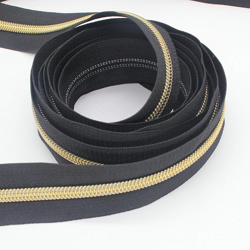 Leekayer #5 Gold Metallic Nylon Coil Zippers by The Yard Bulk 10 Yards Black Tape with 25pcs Gold Sliders for DIY Sewing Tailor Craft Bag(Black) - Image 3